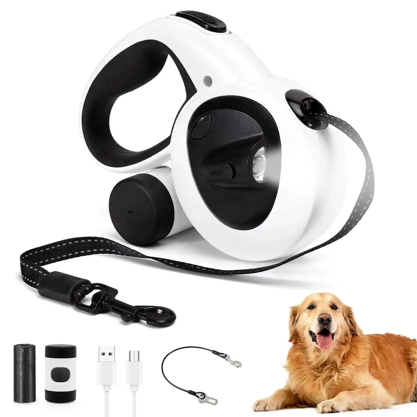 Retractable Dog Leash with USB Rechargeable LED Light, Steel Cable,16 ft