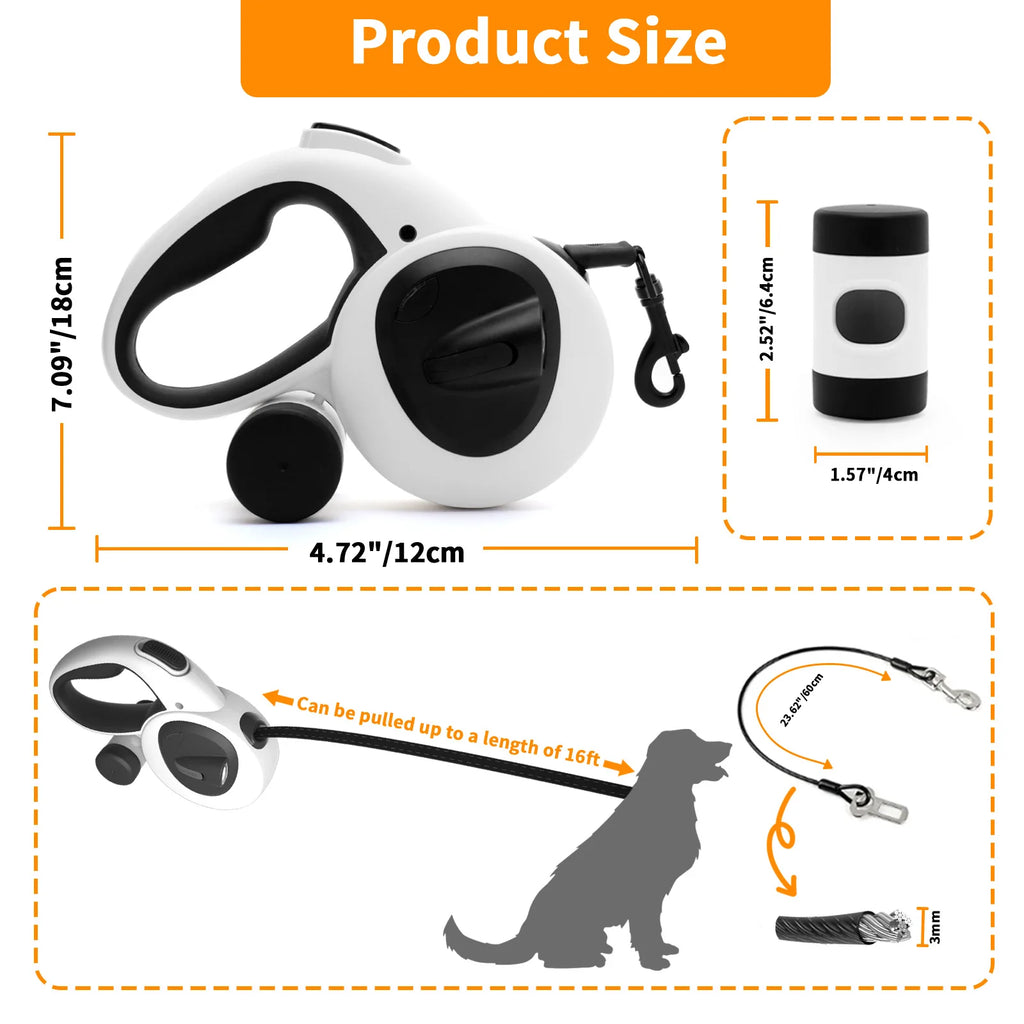 Retractable Dog Leash with USB Rechargeable LED Light, Steel Cable,16 ft