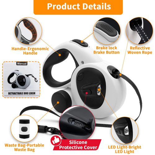 Retractable Dog Leash with USB Rechargeable LED Light, Steel Cable,16 ft