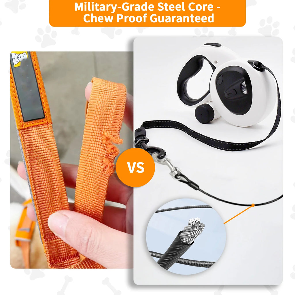 Retractable Dog Leash with USB Rechargeable LED Light, Steel Cable,16 ft