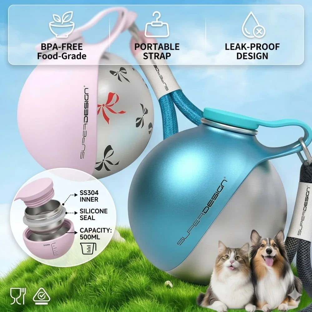 Dog and Cat Water Bottle Stainless Steel 2-in-1 500ml