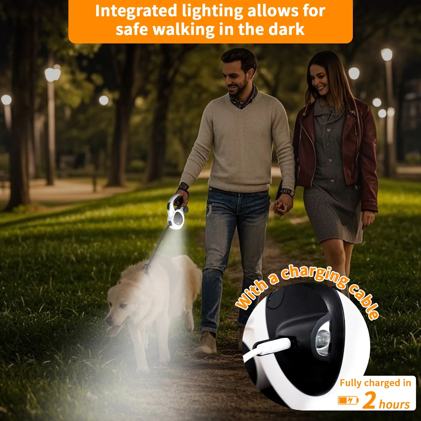 Retractable Dog Leash with USB Rechargeable LED Light, Steel Cable,16 ft